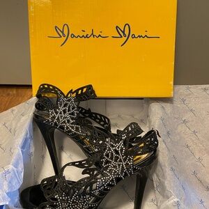 Nina Black Rhinestone Floral Cutout Stiletto Sandals by Nina